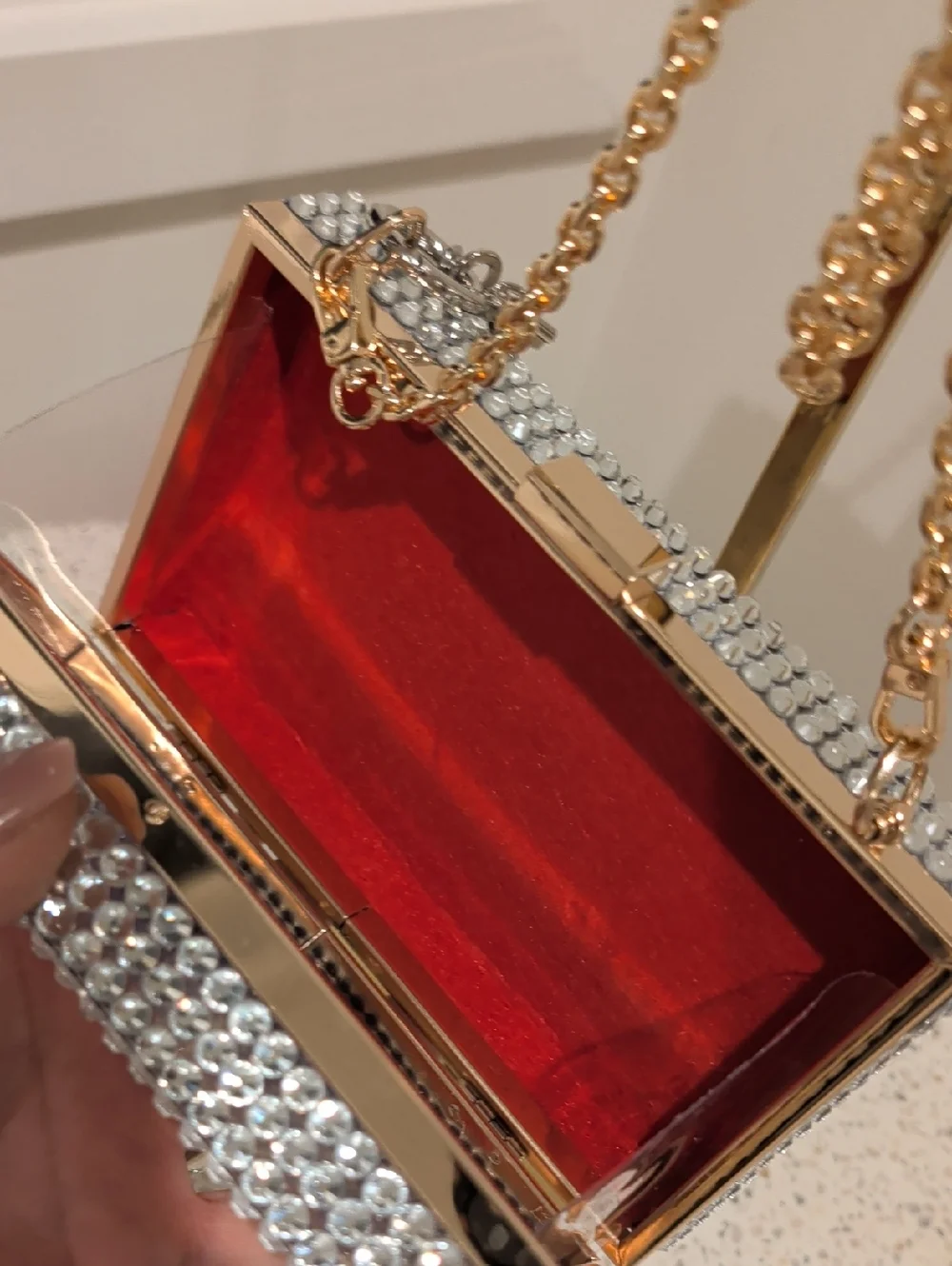 Upcycled Monogram Crystal-Trim Box Clutch with Clear Chain